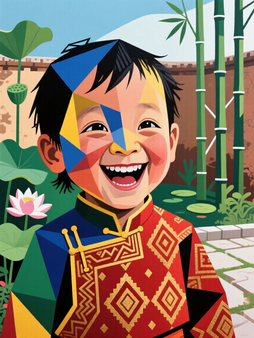 A close-up portrait of a toddler of Mongolian heritage, laughing joyfully, in a quiet garden courtyard.