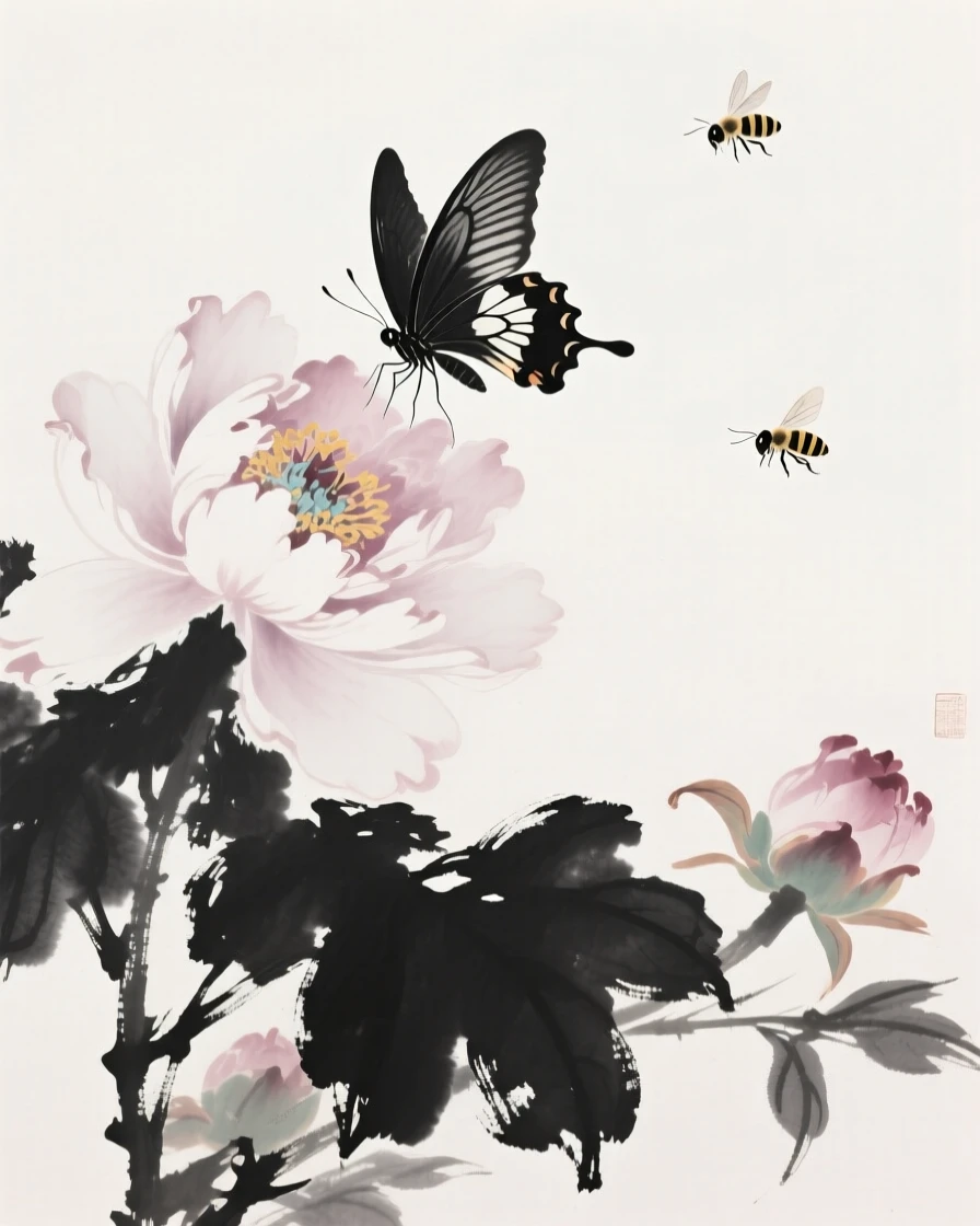 A butterfly rests on a peony blossom in full bloom, as bees drift lazily between the blossoms.
