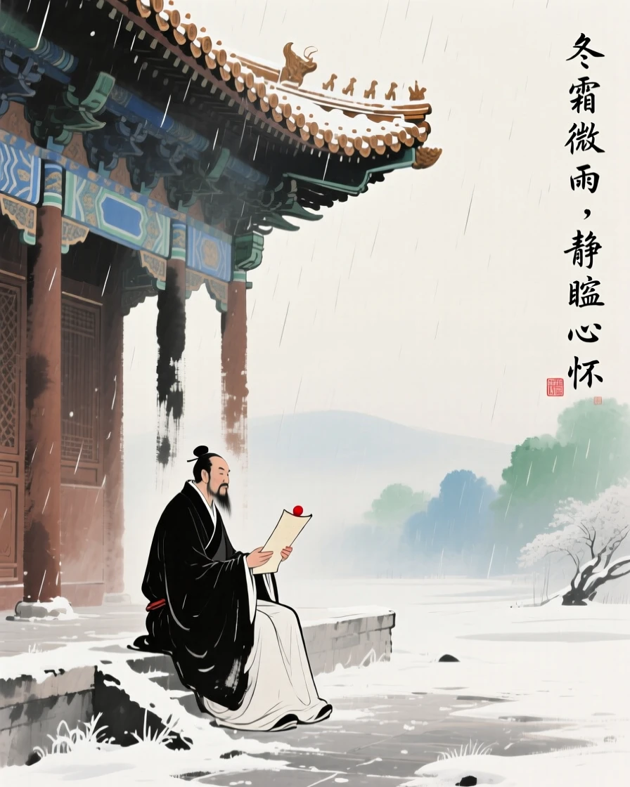 A scholar receiving an imperial edict beneath the eaves of a great hall, as winter frost settles, in a gentle drizzle, radiating gentle serenity.