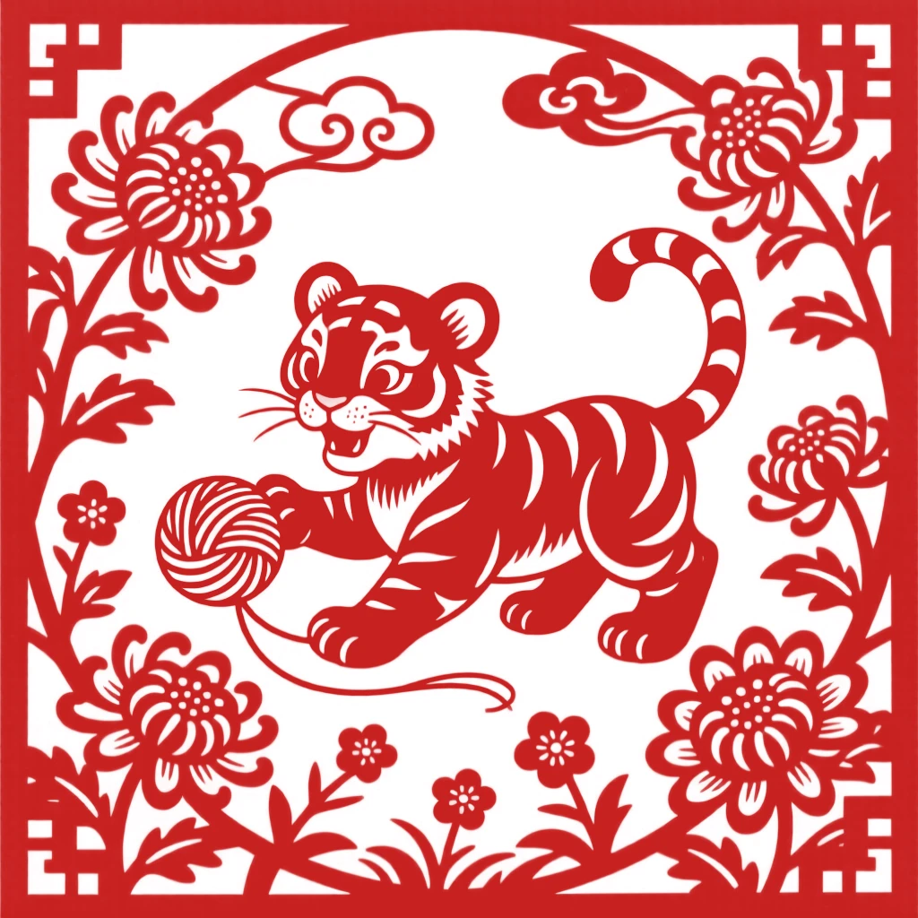 A tiger cub playing with a ball of silk thread in a garden of chrysanthemums, tail flicking with delight