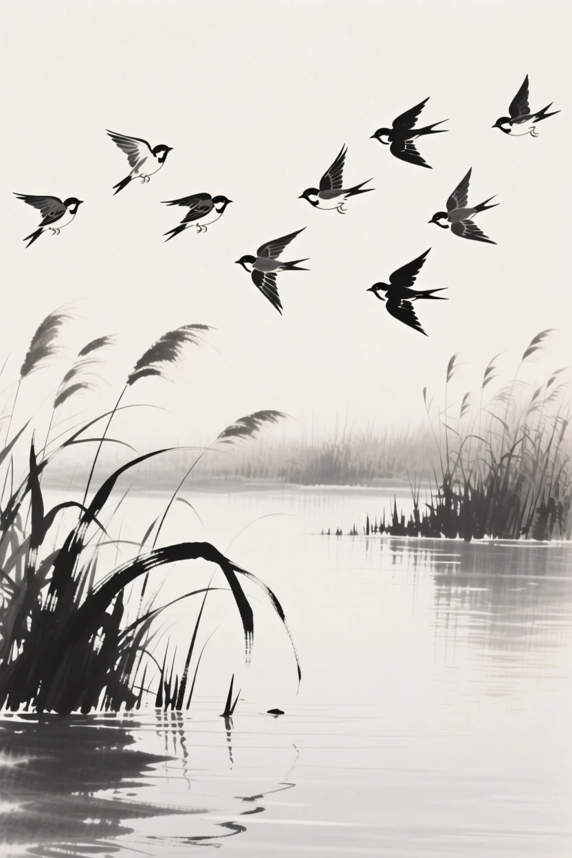 A flock of sparrows taking flight over a still lake along the edge of a reed-lined marsh, seen up close with delicate feather detail, carrying a quiet, poetic stillness.