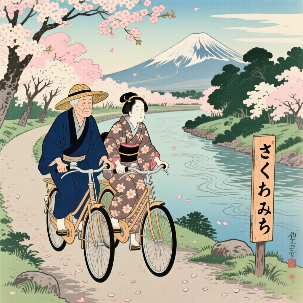 An elderly couple riding along a scenic cherry-lined riverside path.