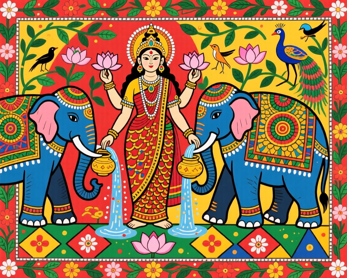 Lakshmi standing beside two elephants pouring water in blessing.