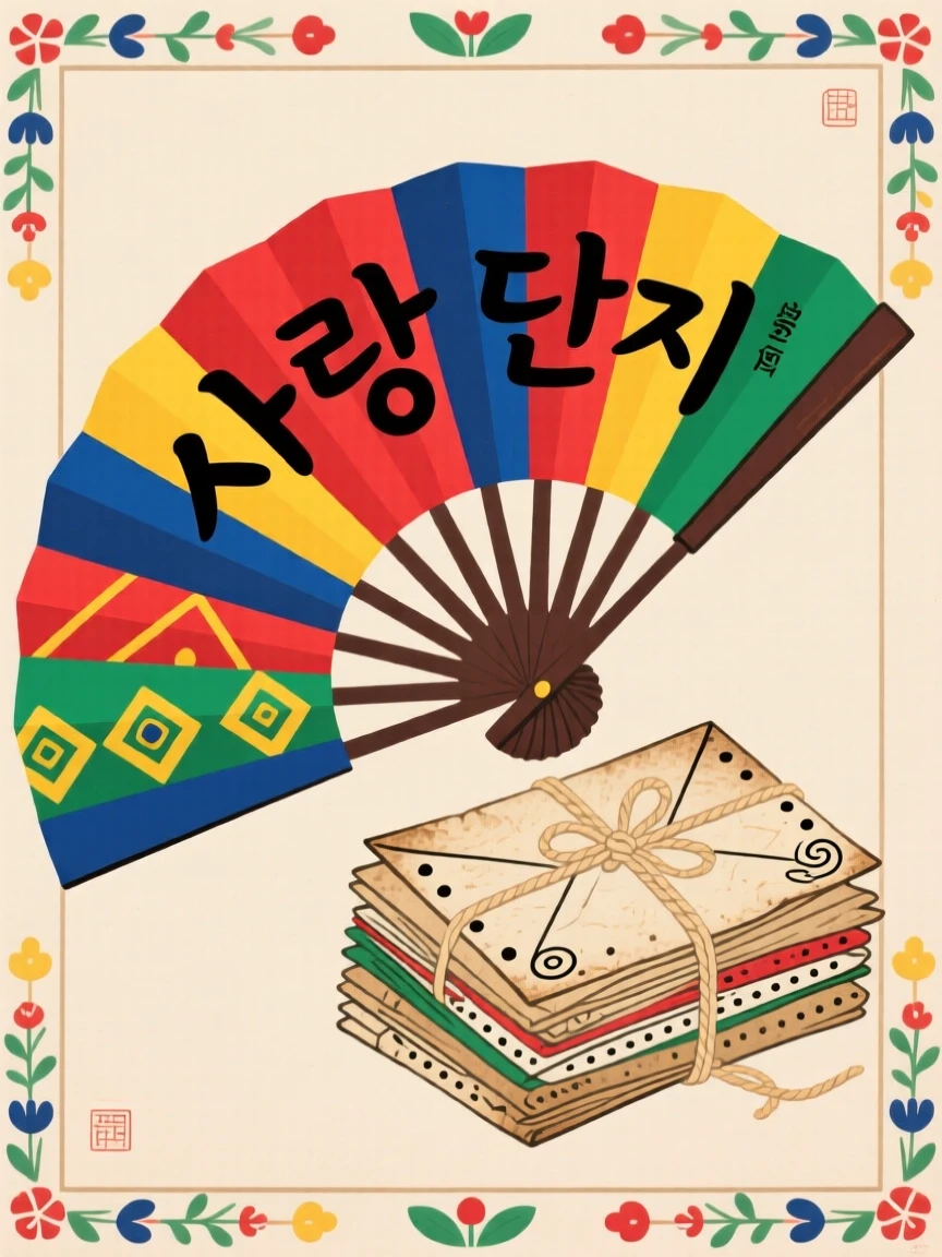 A folding fan laid open beside a stack of old letters tied with string.