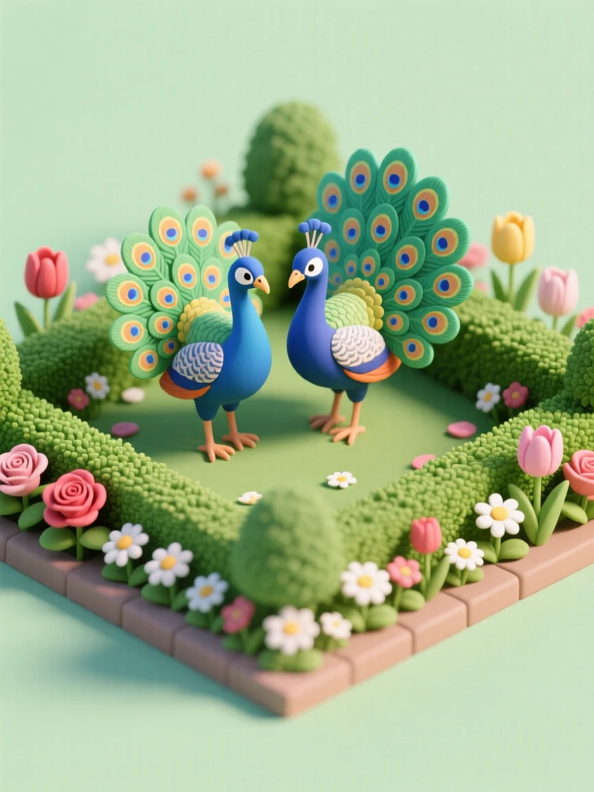 A pair of peacocks displaying their vibrant tail feathers in a manicured garden, flowers blooming in every direction.
