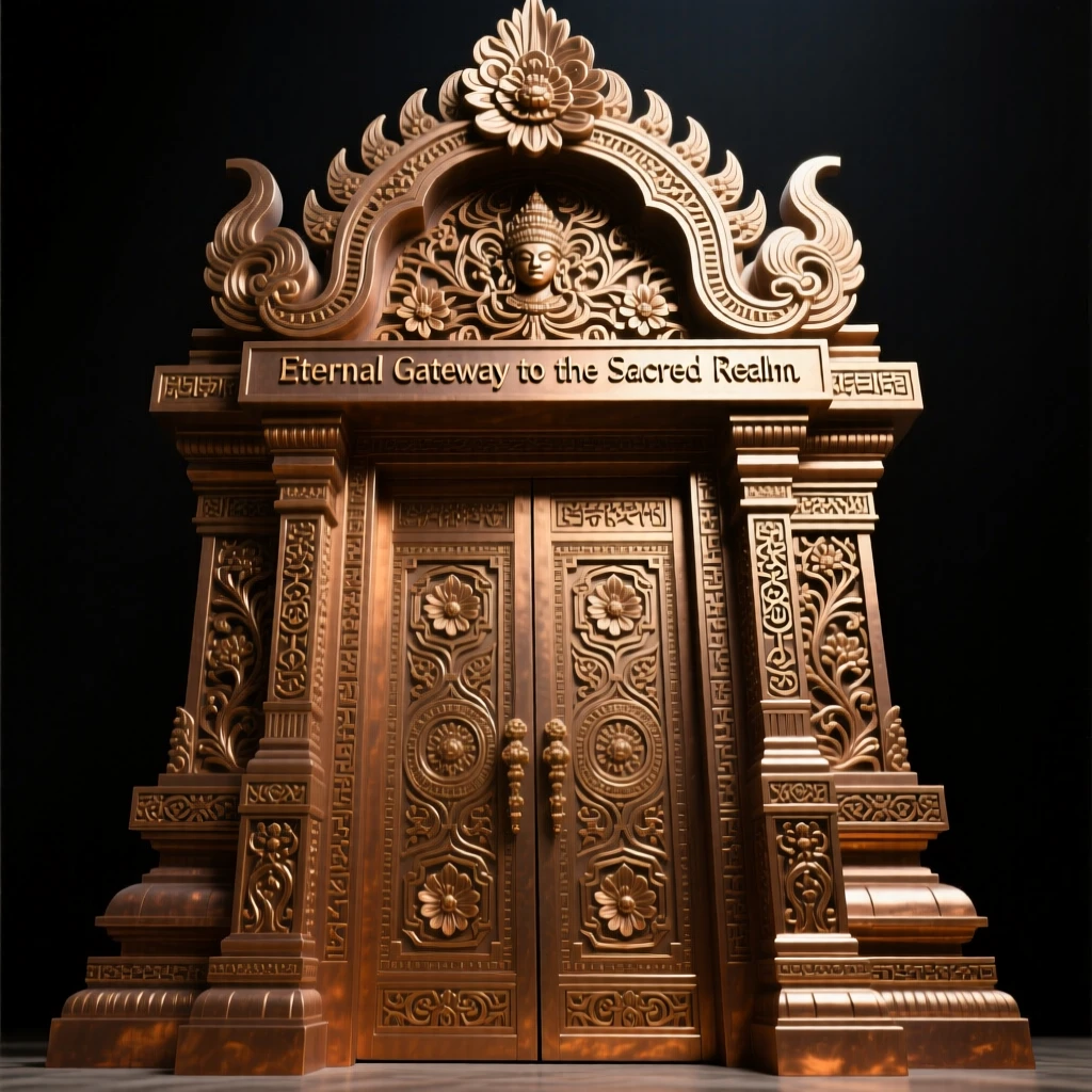 An intricately carved wooden temple gate, rendered with striking symmetry and scale, exuding timeless grandeur
