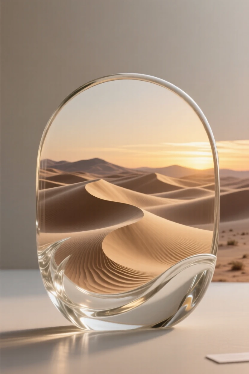 A desert landscape with wind-carved dunes at sunset, captured in soft golden light with layers of atmospheric depth, evoking peace and quiet grandeur.