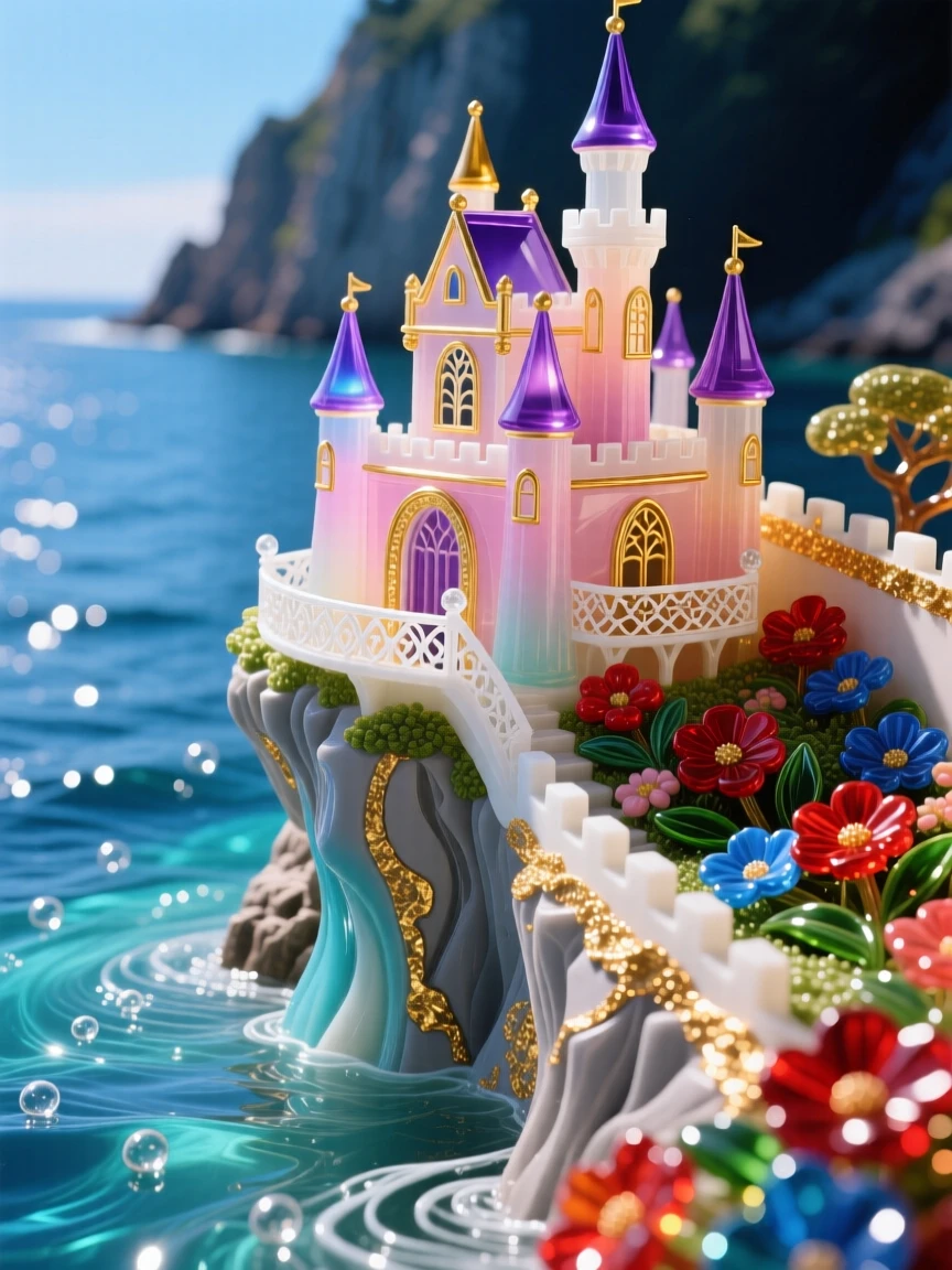 A fairytale castle perched atop a cliff overlooking a sparkling sea, magical and iconic.