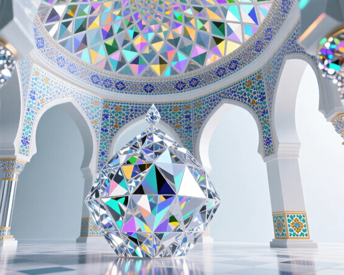 The interior of a grand mosque with intricate geometric tilework and a domed ceiling.