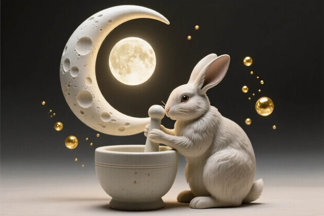 A moon rabbit pounding a mortar under a crescent moon coiled protectively around a glowing orb, surrounded by drifting motes of golden light, stirring a sense of awe and quiet reverence.
