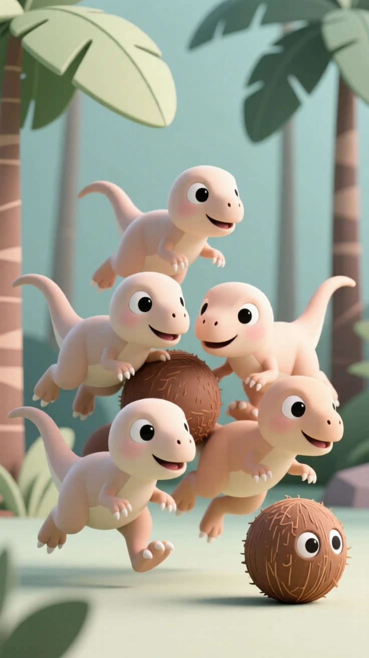A playful pack of baby Velociraptors tumble over each other while chasing a rolling coconut through the jungle.