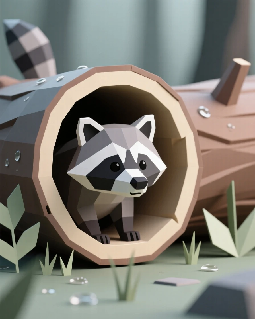 A curious raccoon peeking out from a hollow log, in a quiet, dew-covered forest. the background gently blurs to keep focus on the subject. The atmosphere is wild and untamed.