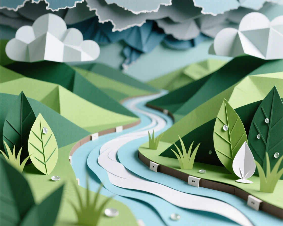 A winding river through a lush valley under dramatic rolling storm clouds, with morning dew glistening on every leaf, evoking serene, meditative contemplation.