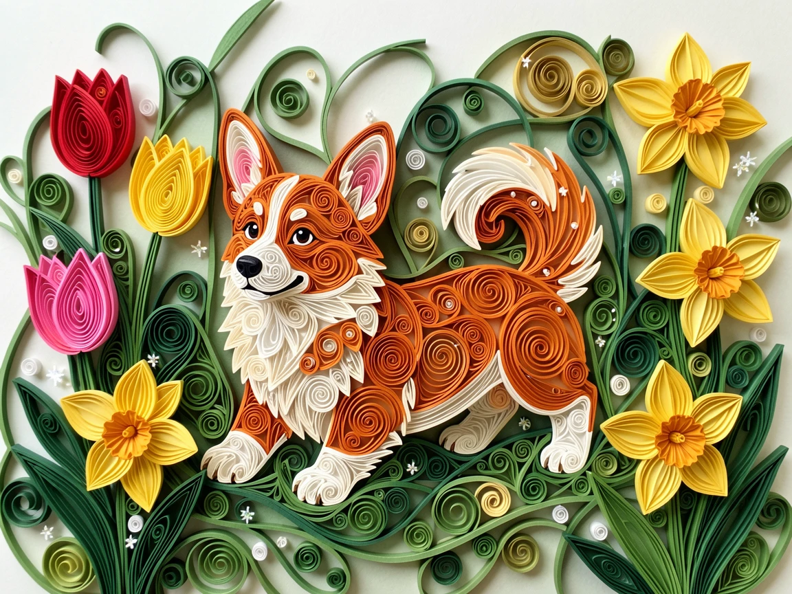 a corgi puppy chasing its own fluffy tail in a garden bursting with tulips and daffodils, with tiny sparkling highlights catching the light, centered with soft blurred greenery in the background.