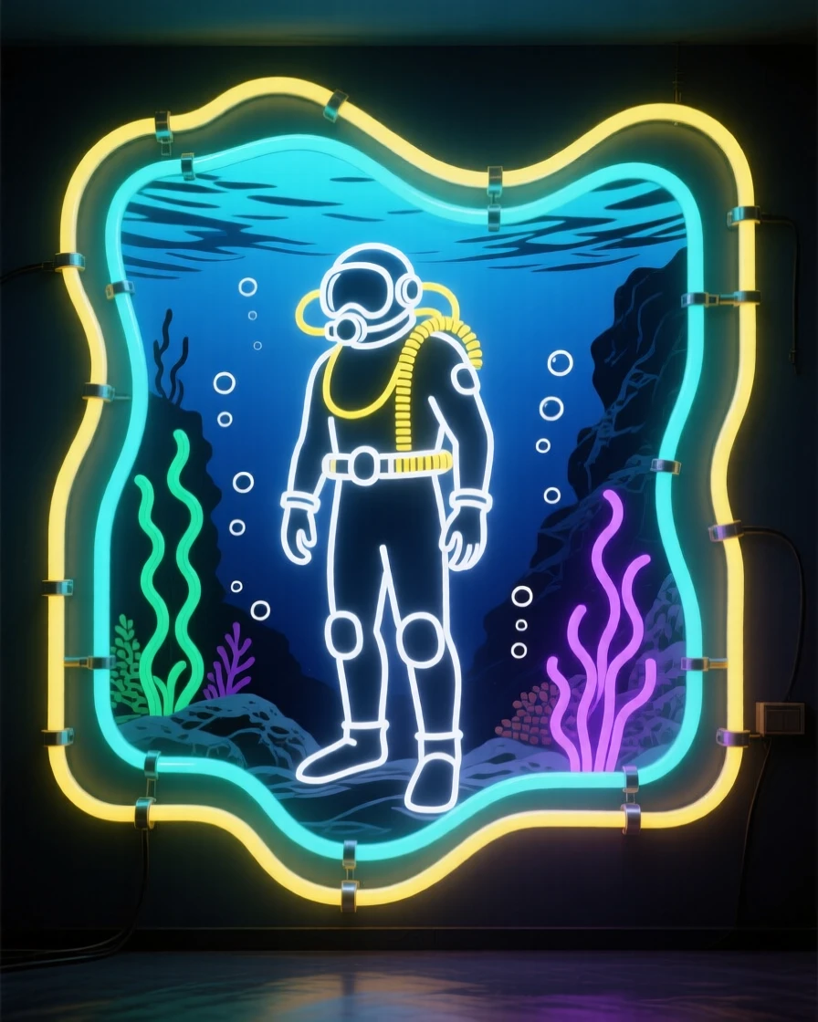 A wide shot of a deep-sea diver standing in the environment where they work.