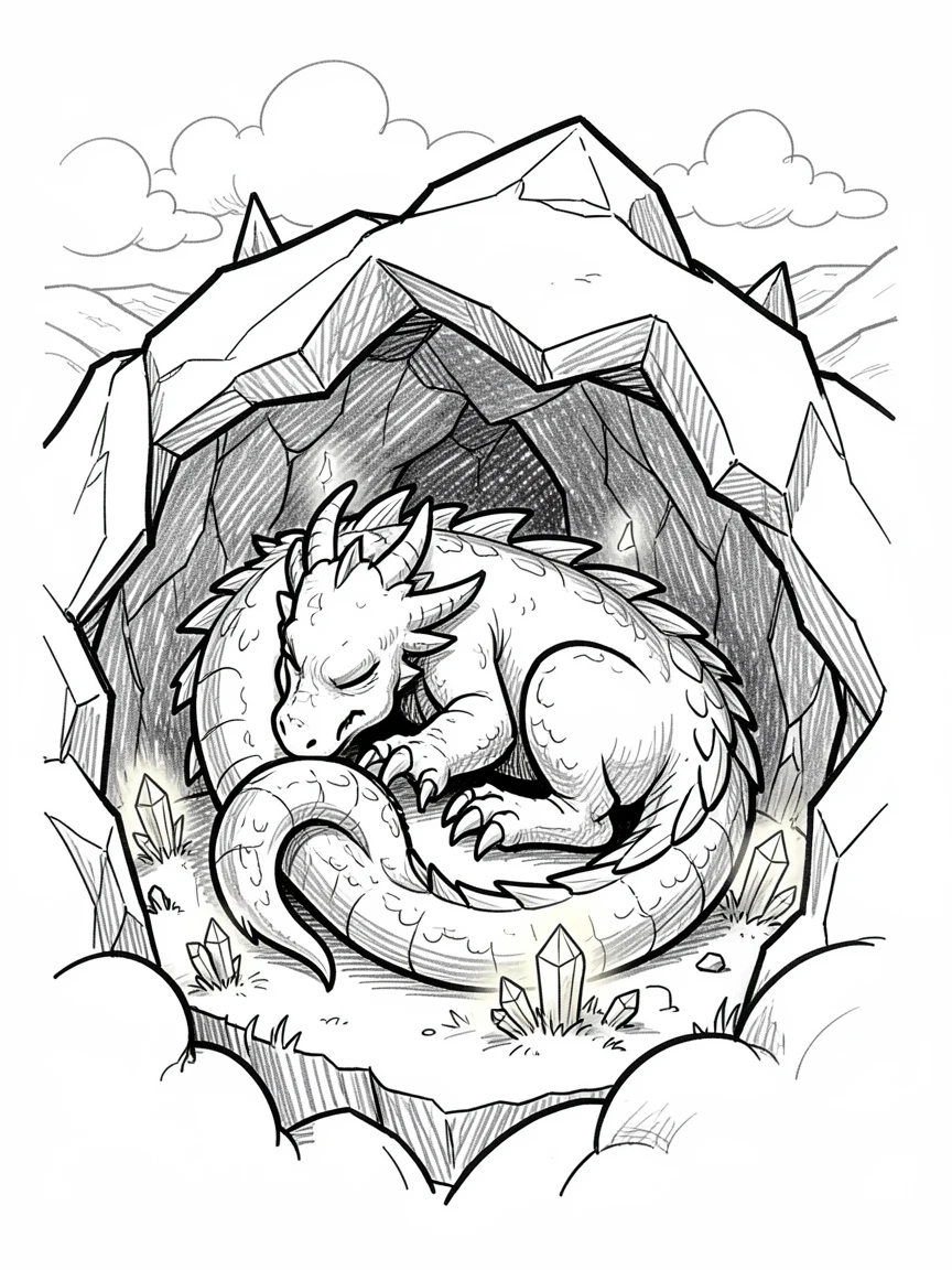 A dragon curled asleep in a cave lit by glowing crystals in a hidden valley behind the clouds.