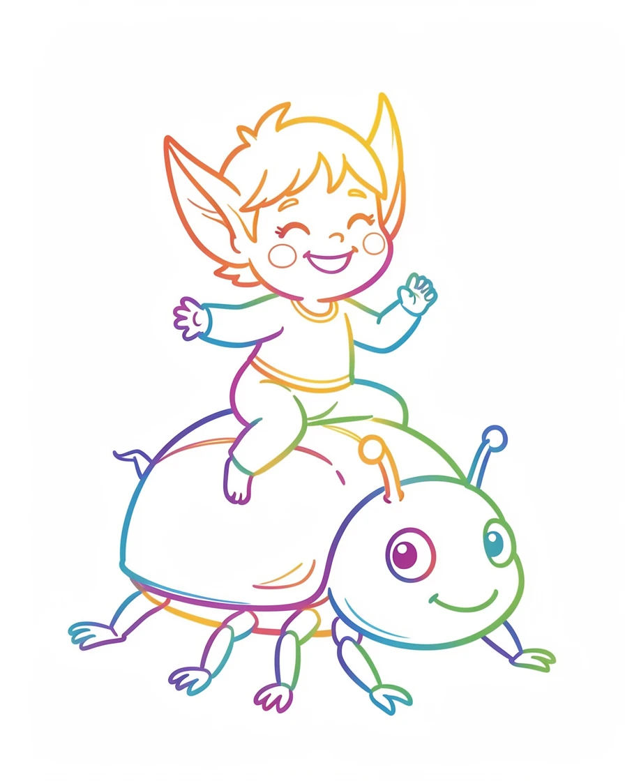 A chubby-cheeked forest sprite riding on the back of a friendly beetle.