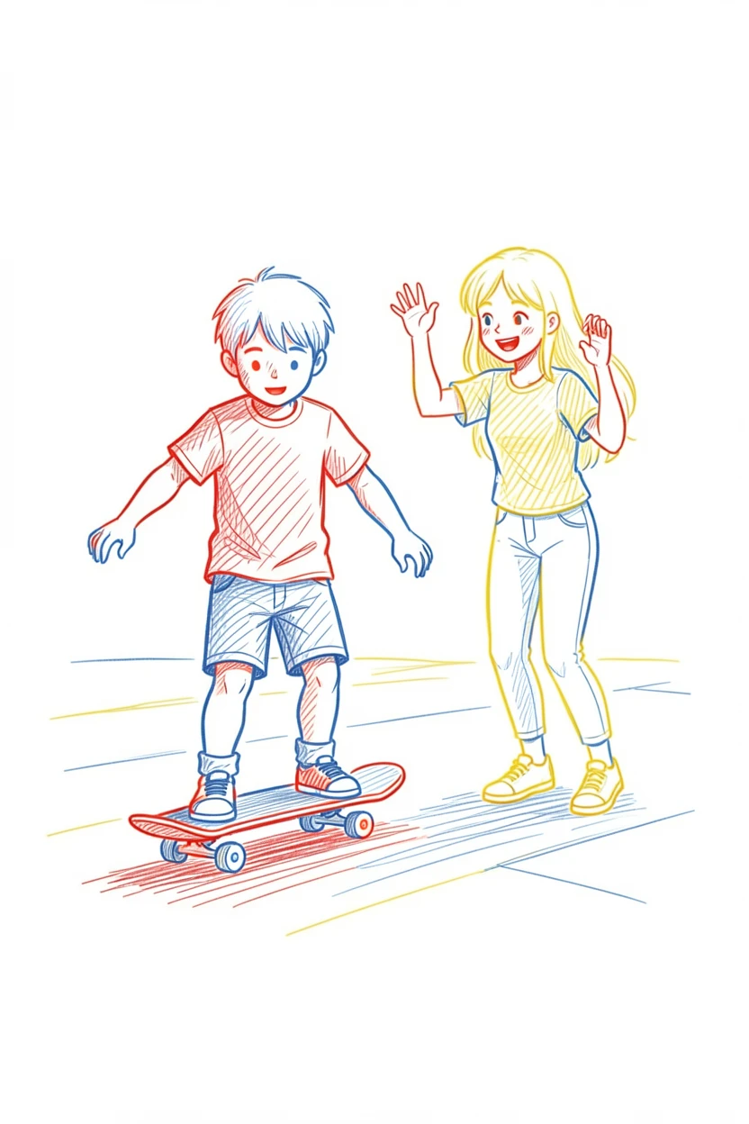 A young boy learning to ride a skateboard with his older sister cheering