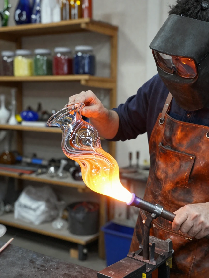 A glassblower shaping molten glass into an intricate vase