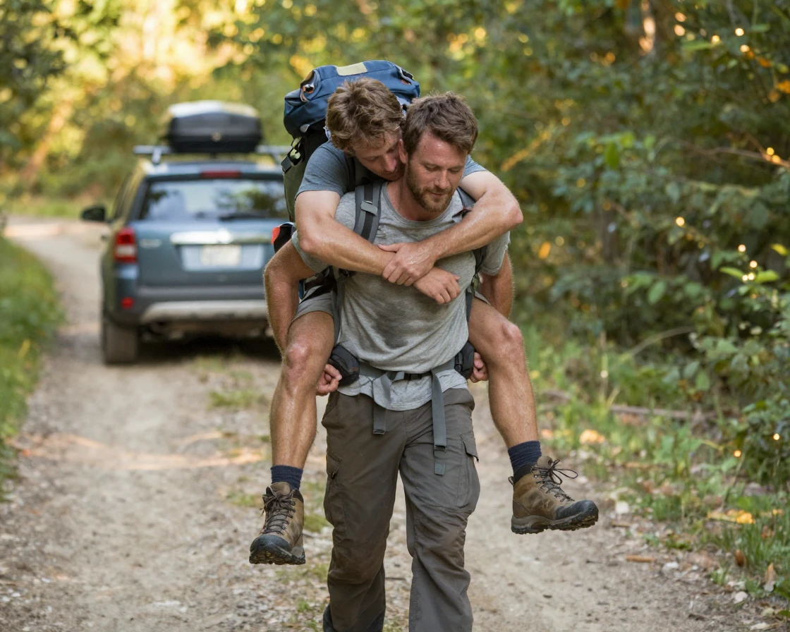 A man carries his exhausted friend piggyback after a long hike back to the car.