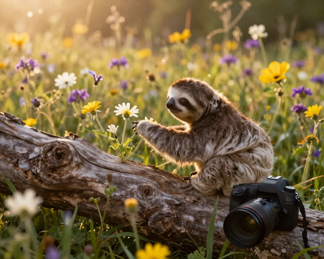 A baby sloth exploring a fallen log with curiosity through a field of tall wildflowers
