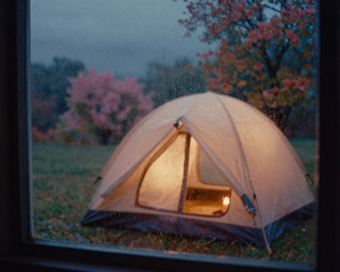 A tent glowing softly from within beneath a starlit sky, under flickering candlelight, in crisp, dry air, as summer fades into fall, in soft muted pastels, through a rain-streaked window.