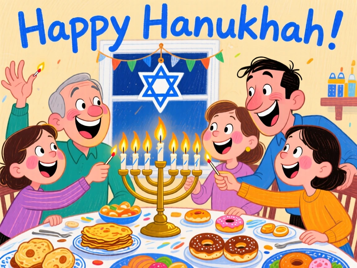 A family gathered around a table lighting a menorah together during Hanukkah.