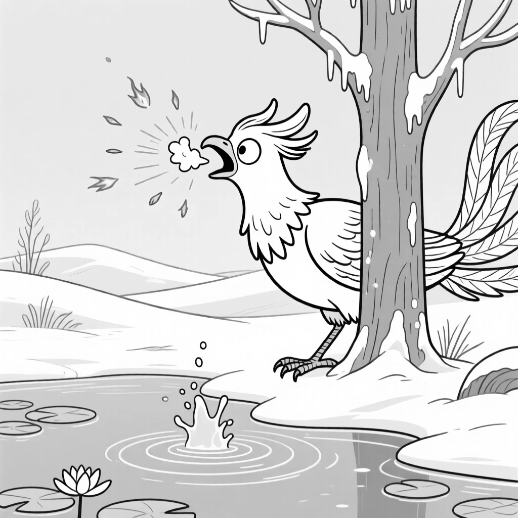 A phoenix mid-sneeze with sparks flying everywhere, ducking back behind the tree after being spotted, set in a frostbitten arctic valley. Lily pads ripple from the sudden splash. The image invites you to imagine the tale behind the mishap.