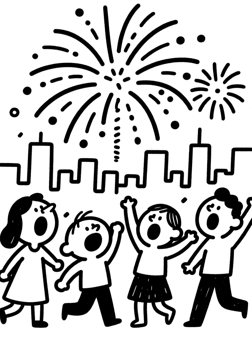 Fireworks bursting over a city skyline during a New Year's Eve celebration.