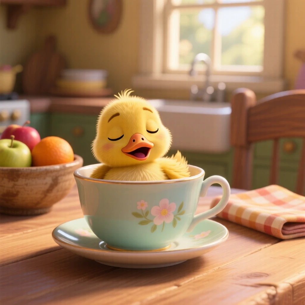 A tiny duckling is tucked into a teacup on a kitchen table, blinking sleepily at the camera. The scene feels warm and heartwarming, with its whiskers twitching gently.