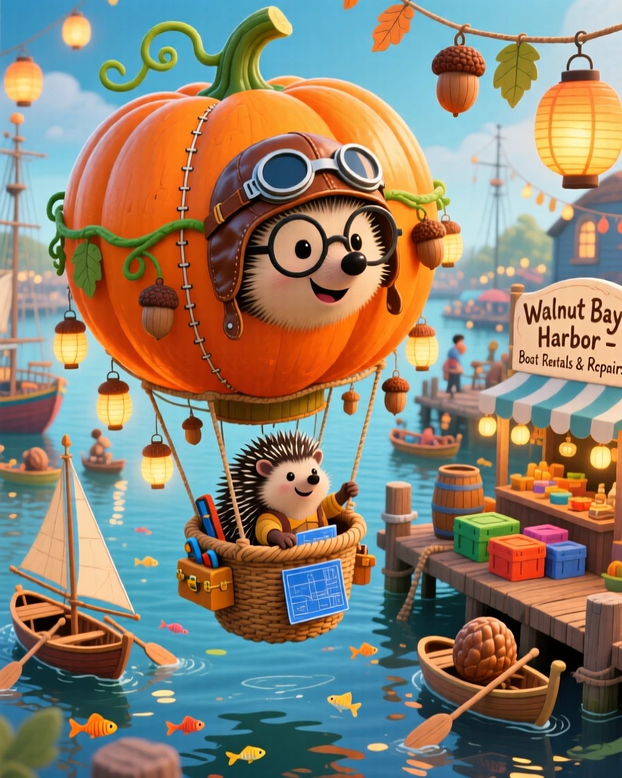 A hedgehog inventor delights in steering a hot air balloon shaped like a pumpkin, tucked within a bustling harbor for walnut-shell boats, while little lanterns bob gently in the wind.