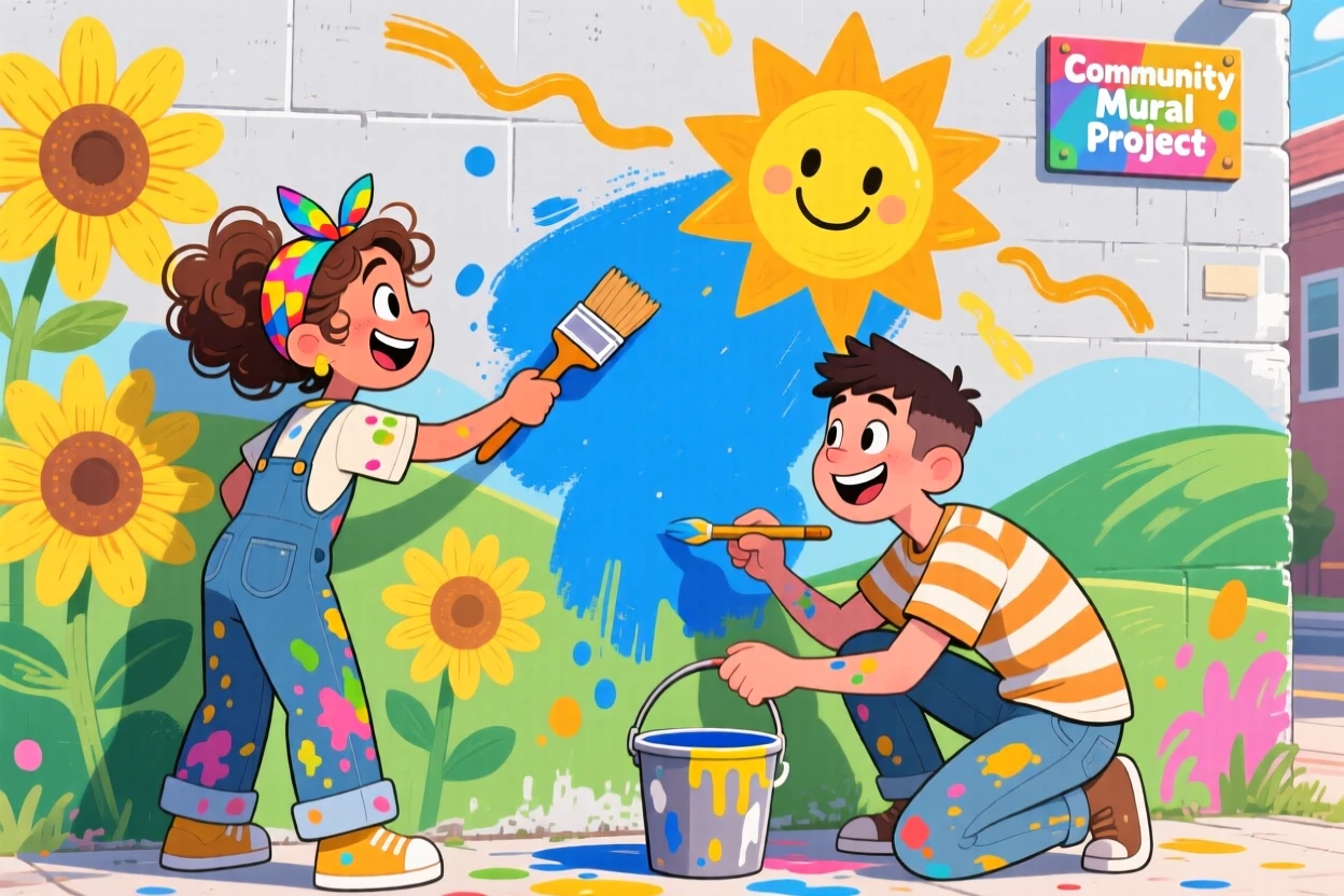 Two friends painting a mural together on a community wall.