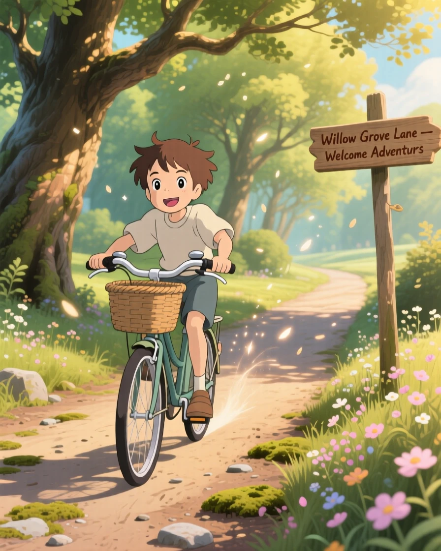 A boy pedaling his bicycle down a quiet lane, arms outstretched, the moment bright with youthful wonder.