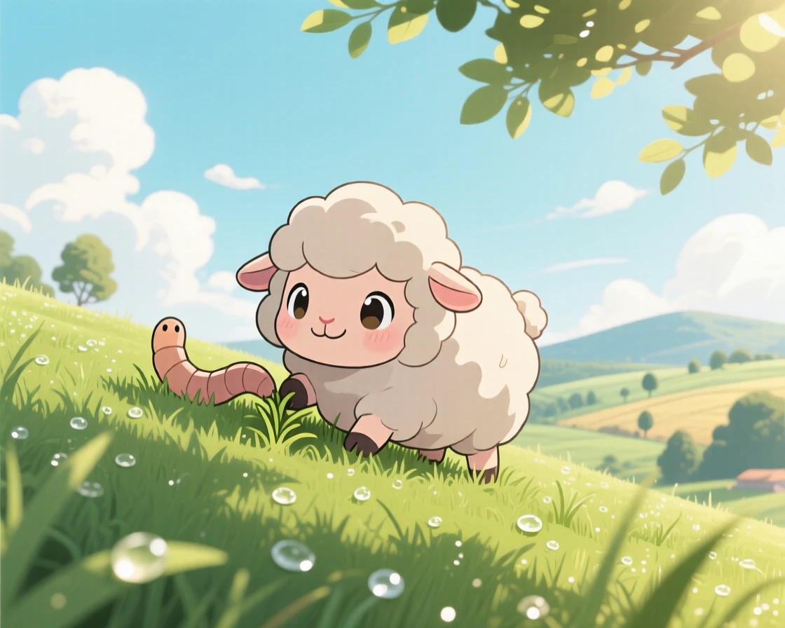 Worm's-eye view: a fluffy sheep, grazing on a green hillside beneath fluffy clouds, set against a pastoral countryside as morning dew glistens on the grass, with dappled sunlight through a canopy and a mood of triumphant pride.