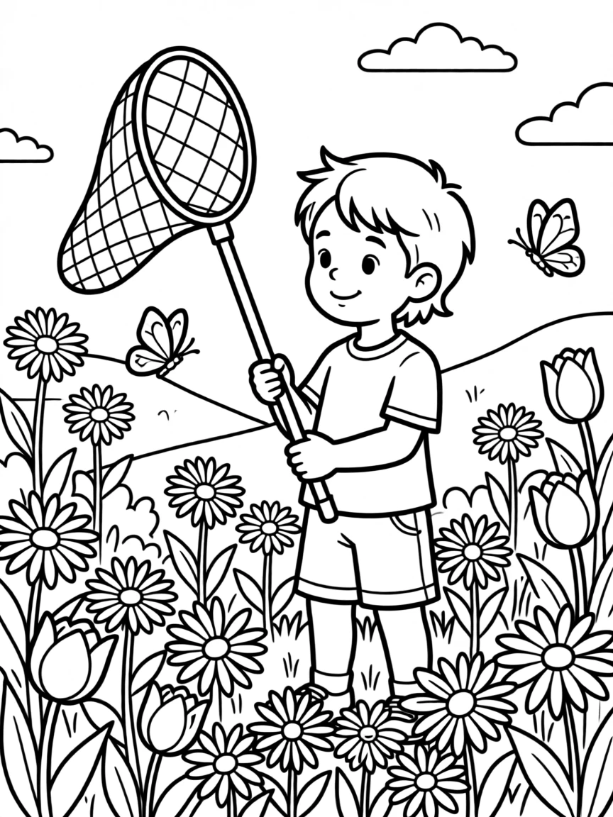 A spring butterfly garden with a child holding a net gently