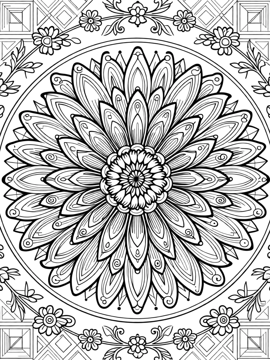 A mandala shaped like a chrysanthemum with delicate curling petals.