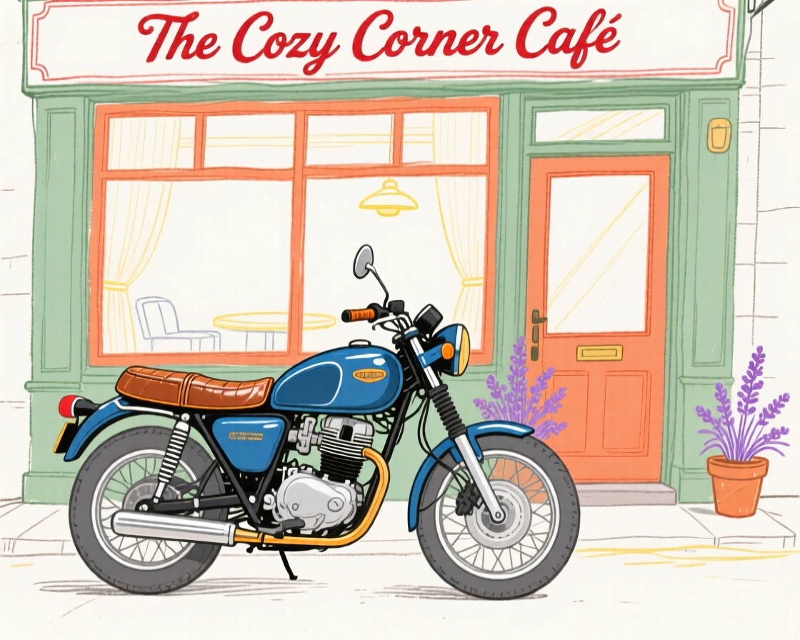 A vintage motorcycle parked outside a small café.