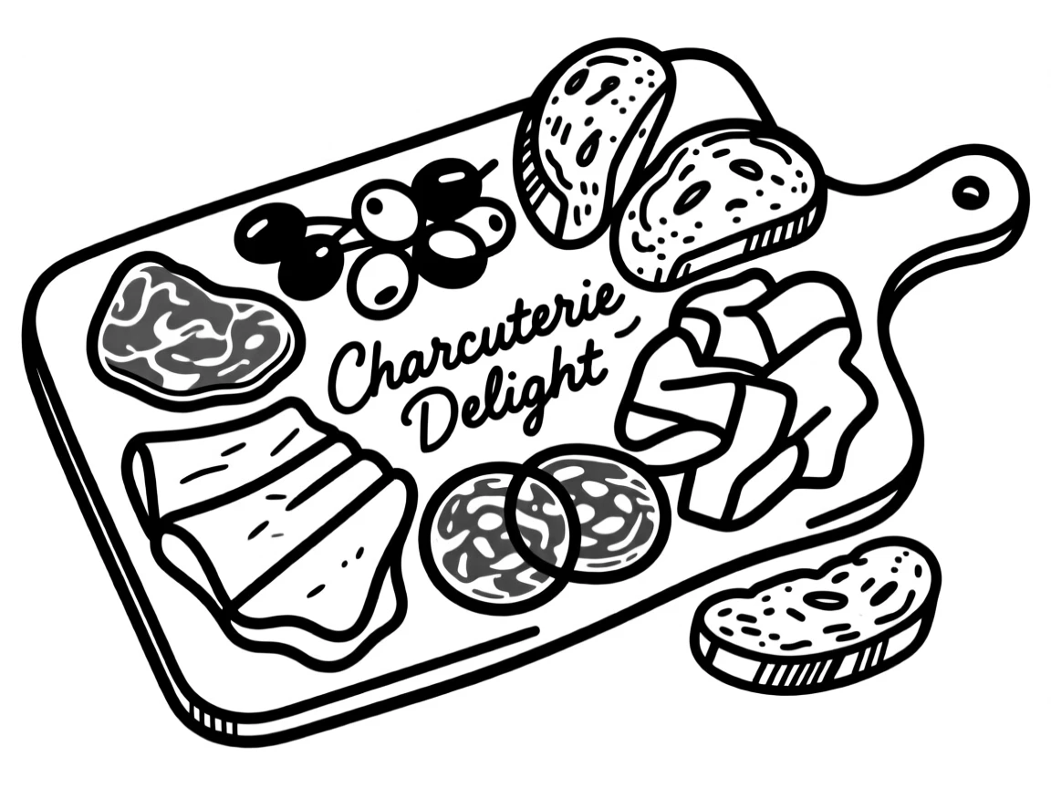 A charcuterie board with cured meats, olives, and crusty bread.