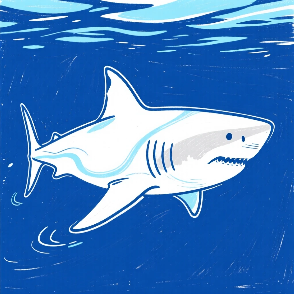 A great white shark gliding silently through deep blue water.