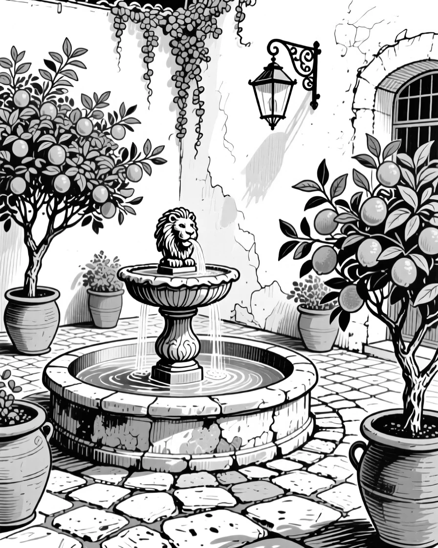 A Mediterranean courtyard with a central fountain surrounded by potted citrus trees.