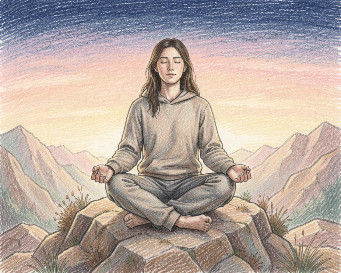 A meditative figure sitting quietly atop a mountain peak at sunrise, with gentle, harmonious colors throughout the scene, evoking deep peace, mindfulness, and quiet reflection.