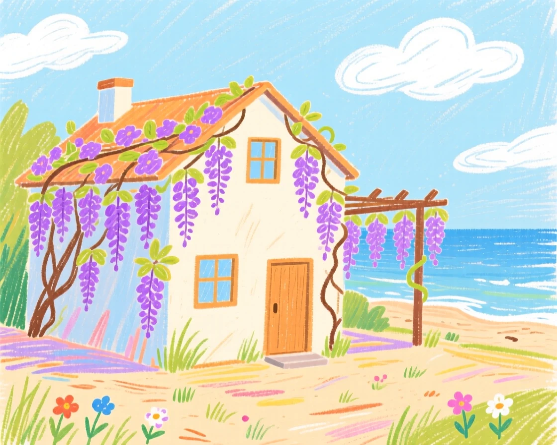 A coastal villa surrounded by blooming wisteria vines.