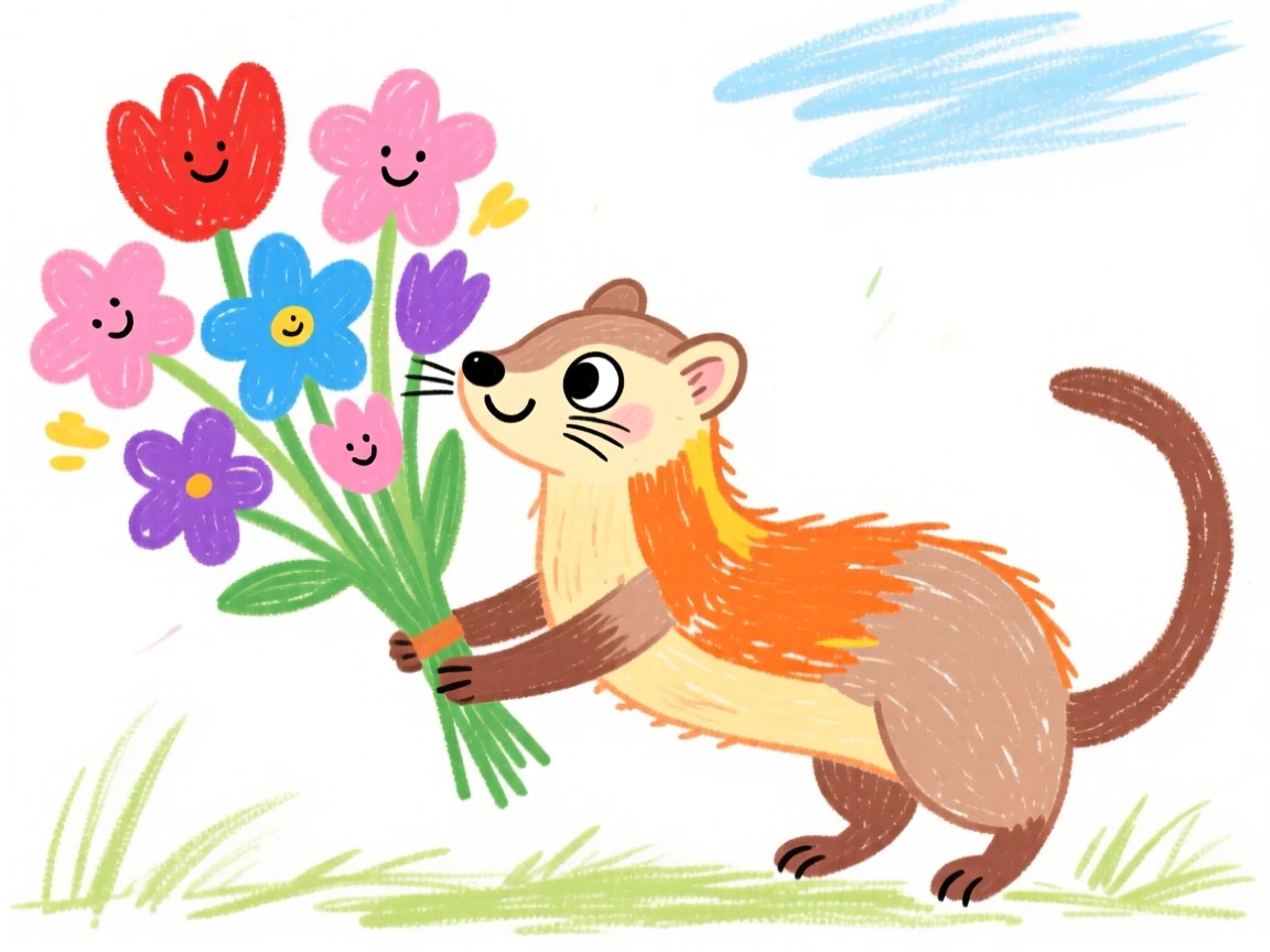 A curious ferret sniffing a bouquet of fresh flowers.