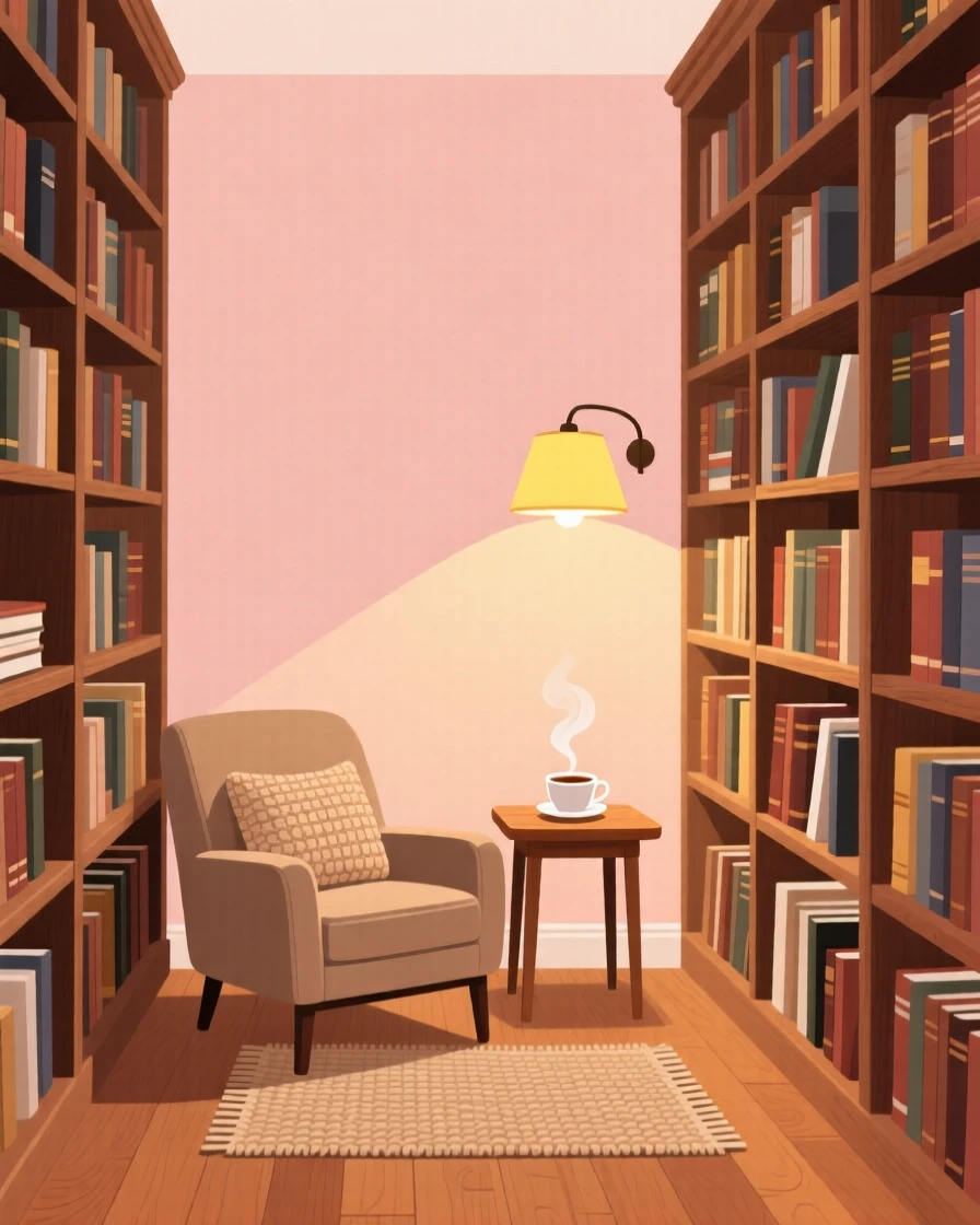 A quiet library nook with towering bookshelves and soft light, set against a backdrop of pastel-colored walls, composed with a warm, inviting sense of everyday simplicity, with subtle steam rising to add a warm, lived-in feel.