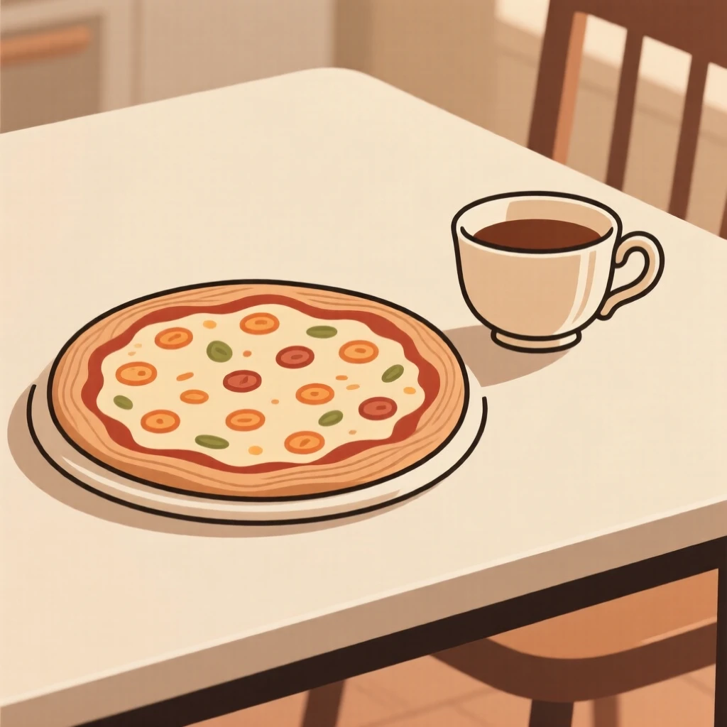A homemade wood-fired pizza cooling near a vintage teacup on a cozy breakfast nook, expressing warm comfort.