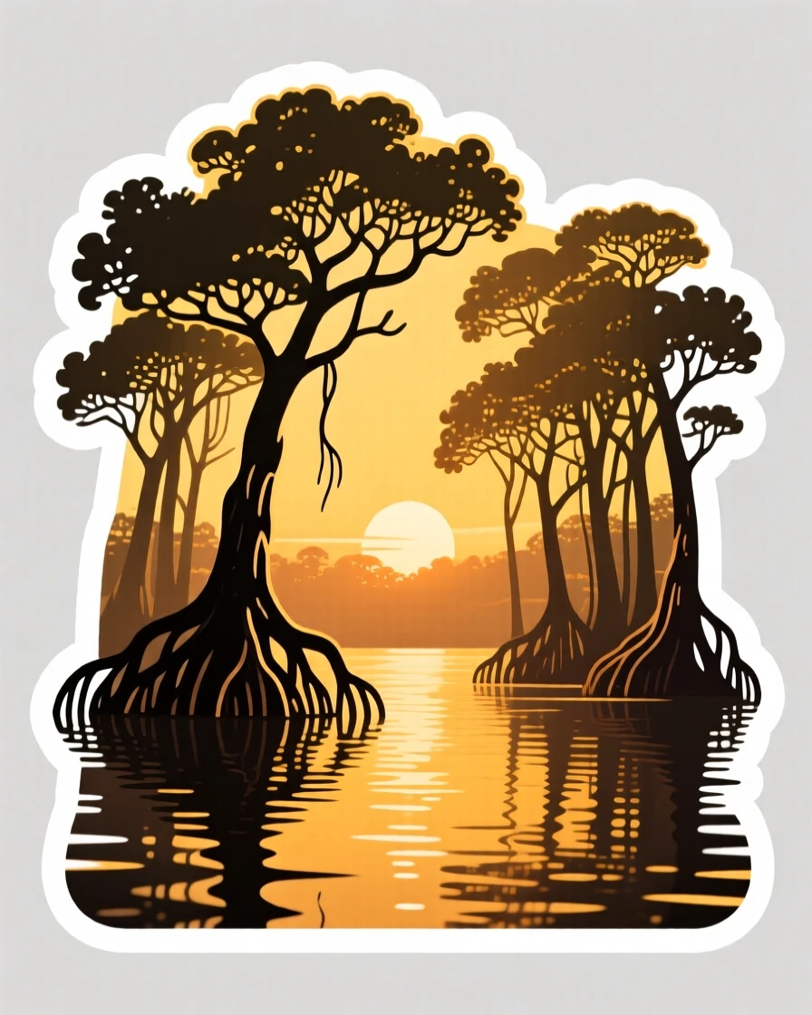 A majestic mangrove forest with calm still water, bathed in golden hour light, untouched and wonderfully quiet.