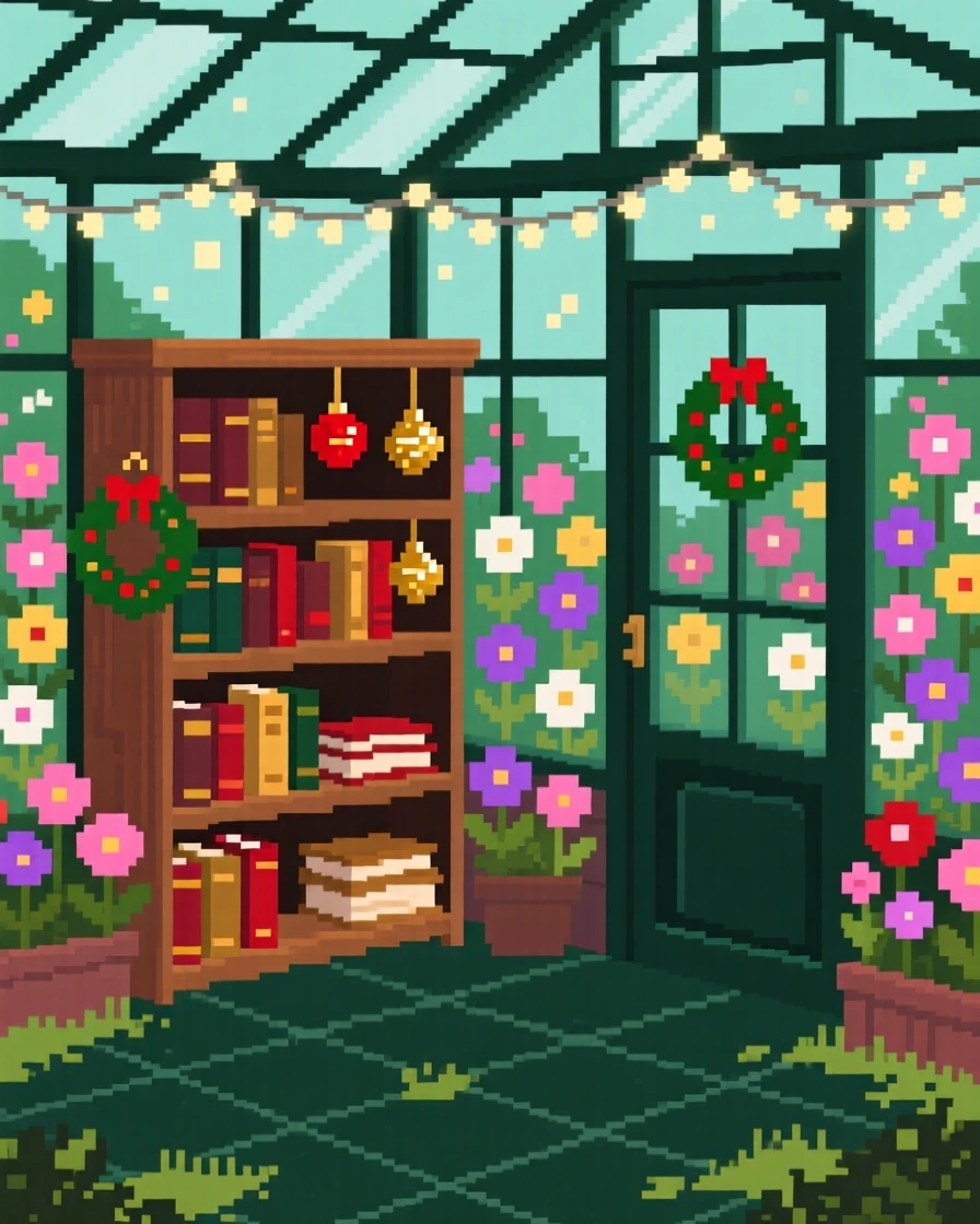 A bookshop corner decorated for the holidays with tiny ornaments, in a greenhouse full of blooming flowers.