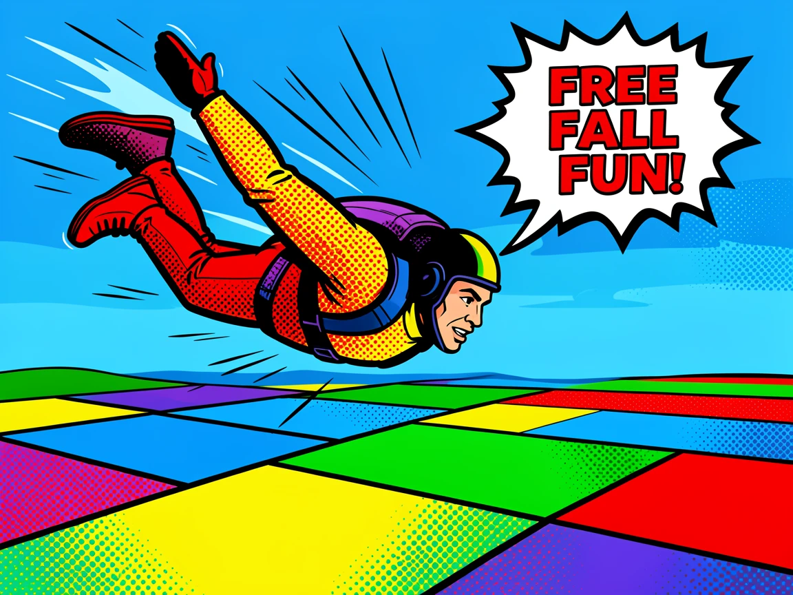 A skydiver in free fall above a patchwork landscape