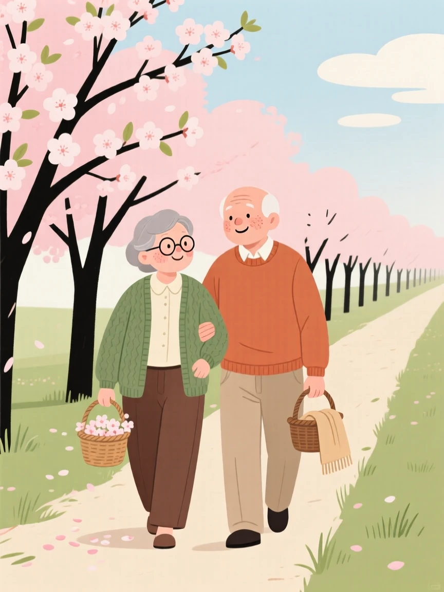 The first blossoms of spring open along a row of cherry trees as a elderly couple walks slowly by, breathing in the fresh scent of new blooms in the mild morning air.