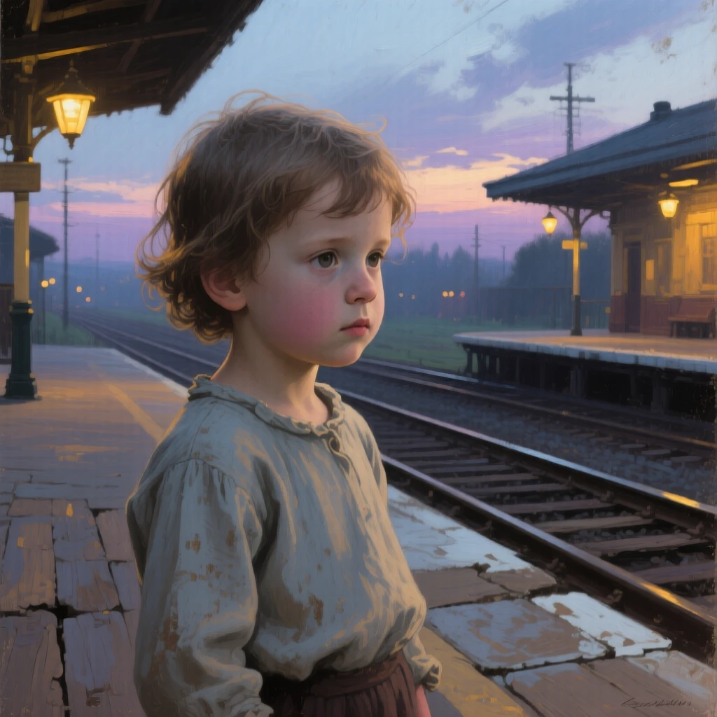 A close-up portrait of a small child on a train platform at dusk, lost in thoughtful reflection, at twilight.